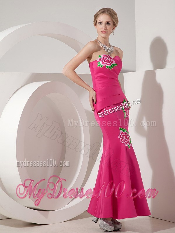 Hot Pink Mermaid Sweetheart Ankle-length Appliques Prom Dress