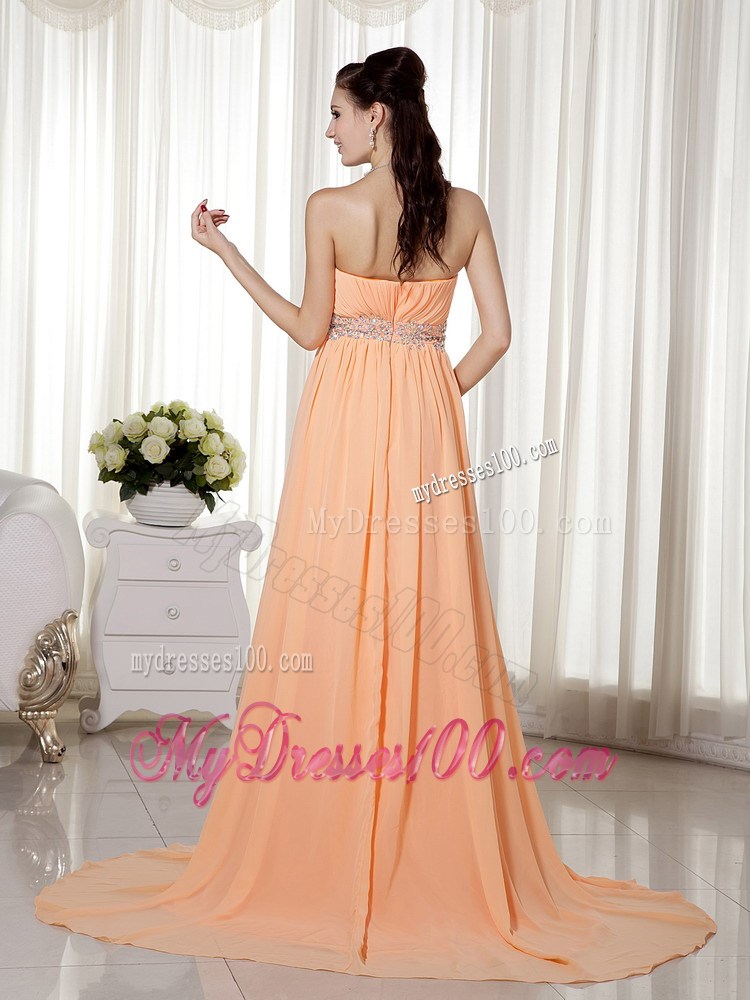 Light Orange Strapless Brush Train Beading and Ruching Evening Dresses