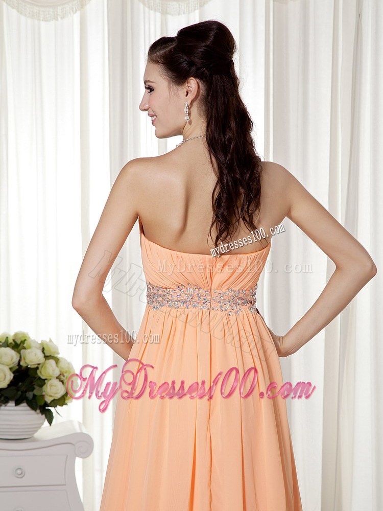 Light Orange Strapless Brush Train Beading and Ruching Evening Dresses