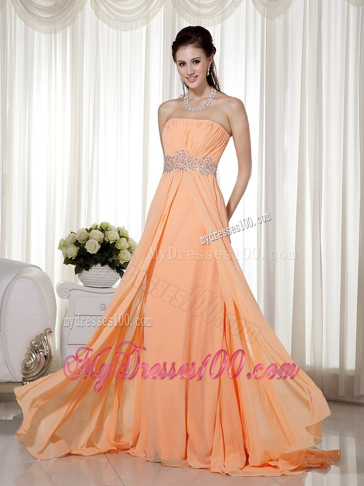 Light Orange Strapless Brush Train Beading and Ruching Evening Dresses