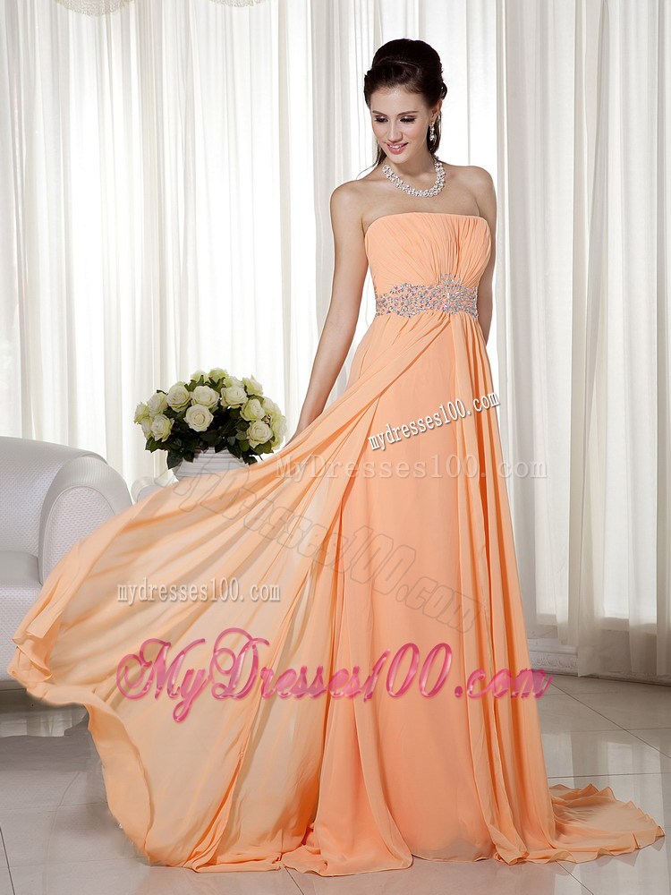 Light Orange Empire Strapless Brush Train Chiffon Beading and Ruch Prom / Celebrity Dress