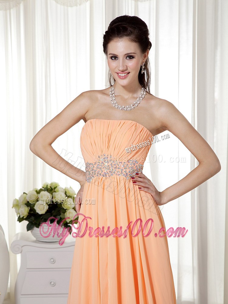 Light Orange Empire Strapless Brush Train Chiffon Beading and Ruch Prom / Celebrity Dress