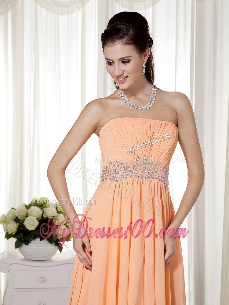 Light Orange Empire Strapless Brush Train Chiffon Beading and Ruch Prom / Celebrity Dress