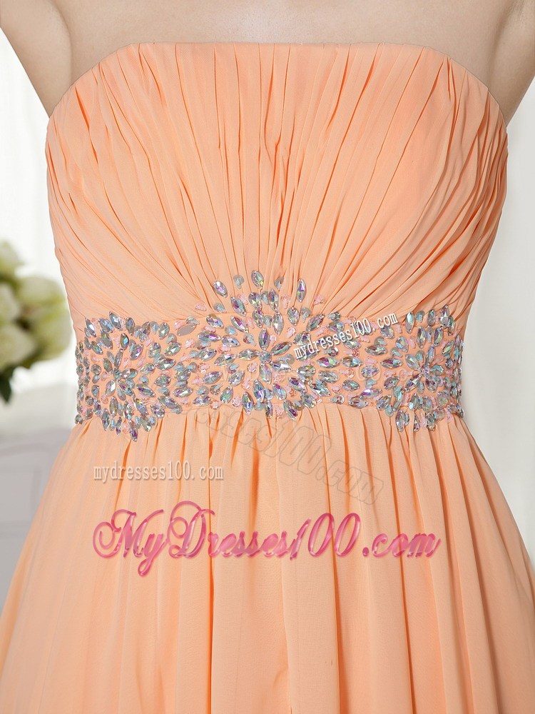 Light Orange Empire Strapless Brush Train Chiffon Beading and Ruch Prom / Celebrity Dress