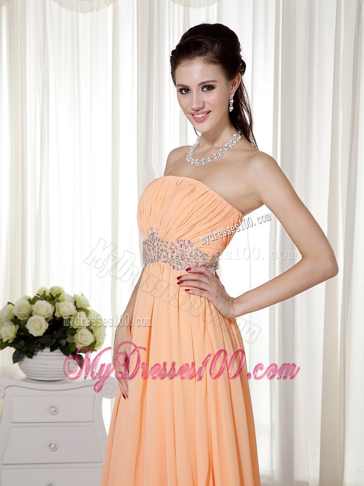 Light Orange Empire Strapless Brush Train Chiffon Beading and Ruch Prom / Celebrity Dress