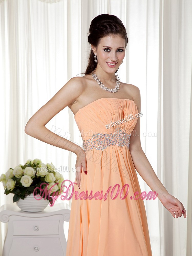 Light Orange Empire Strapless Brush Train Chiffon Beading and Ruch Prom / Celebrity Dress