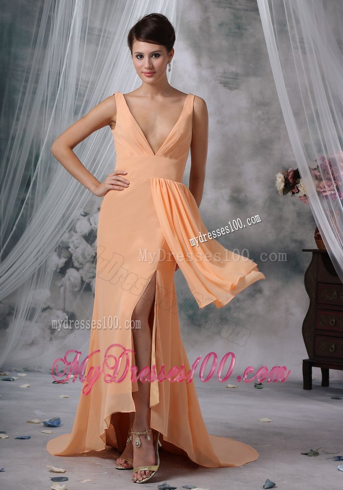 Sexy High Slit 2013 Prom Evening Dress Light Orange High-low V-neck
