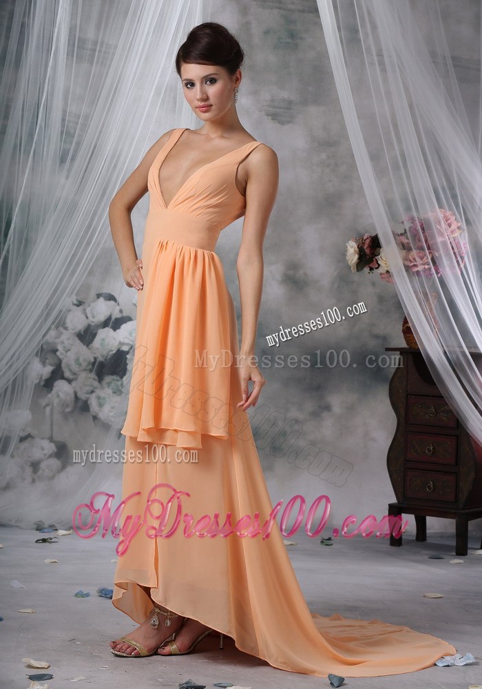 Sexy High Slit 2013 Prom Evening Dress Light Orange High-low V-neck