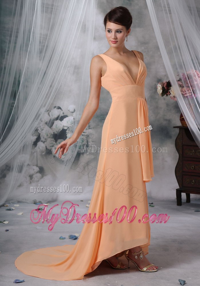 Sexy High Slit 2013 Prom Evening Dress Light Orange High-low V-neck