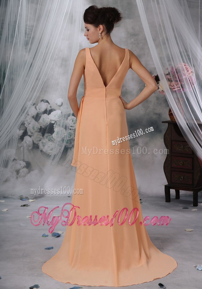 Sexy High Slit 2013 Prom Evening Dress Light Orange High-low V-neck