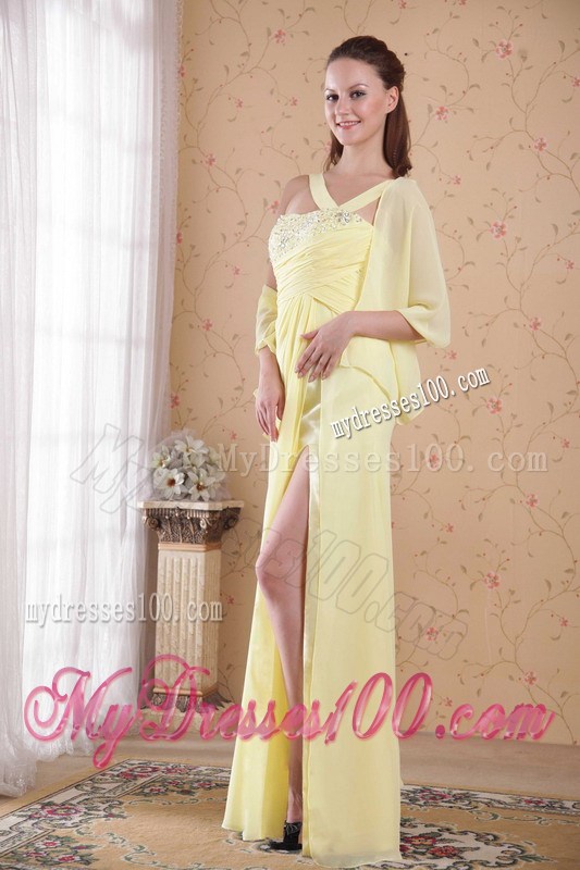 Light Yellow Empire Asymmetrical Beading and Rhinestones Prom Evening Dress
