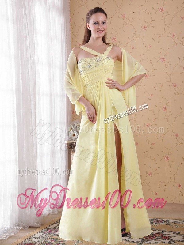 Light Yellow Empire Asymmetrical Beading and Rhinestones Prom Evening Dress