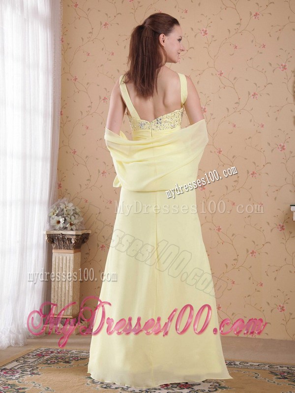 Light Yellow Empire Asymmetrical Beading and Rhinestones Prom Evening Dress