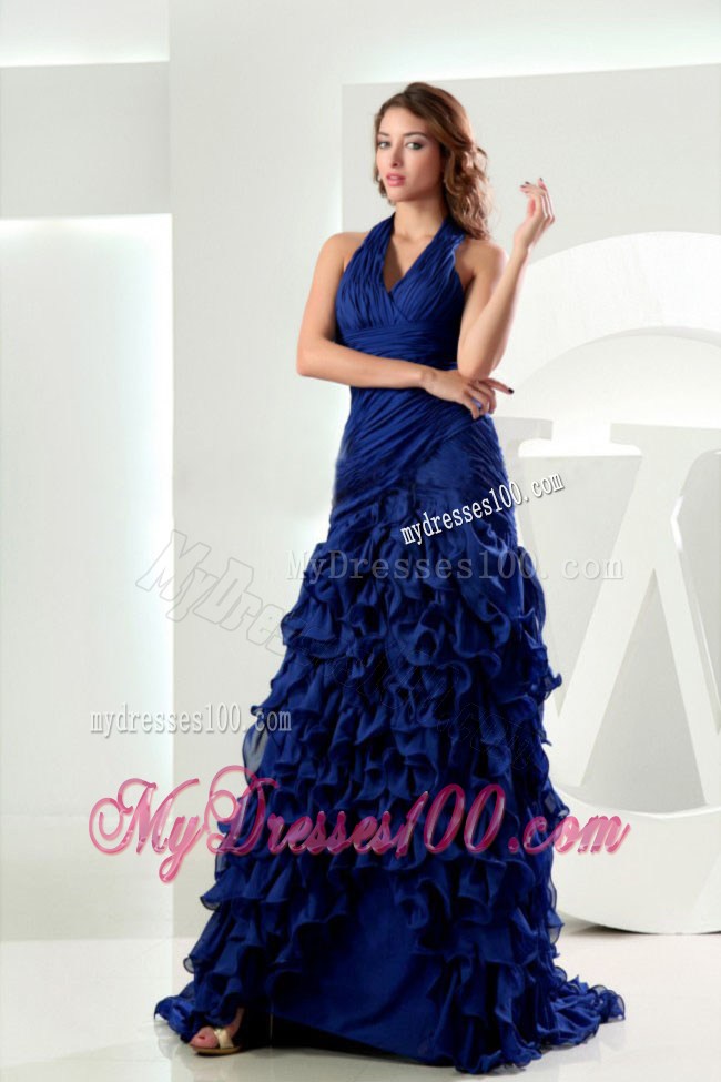 Mermaid Halter Brush Train Royal Blue Ruffles Foraml Evening Dresses
