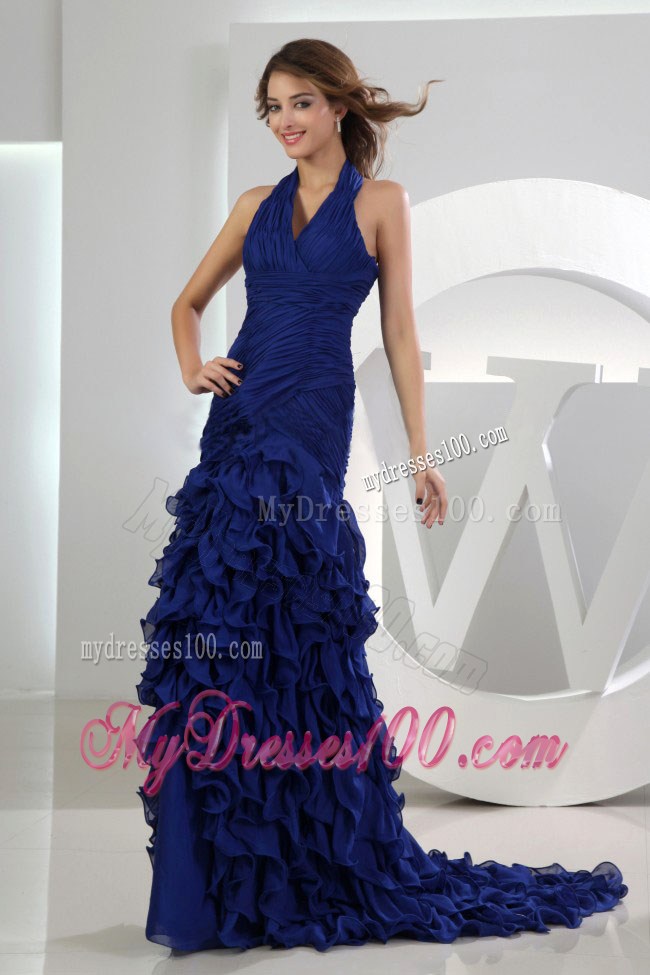 Mermaid Halter Brush Train Royal Blue Ruffles Foraml Evening Dresses