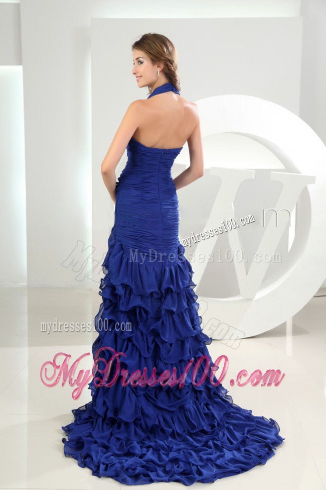 Mermaid Halter Brush Train Royal Blue Ruffles Foraml Evening Dresses