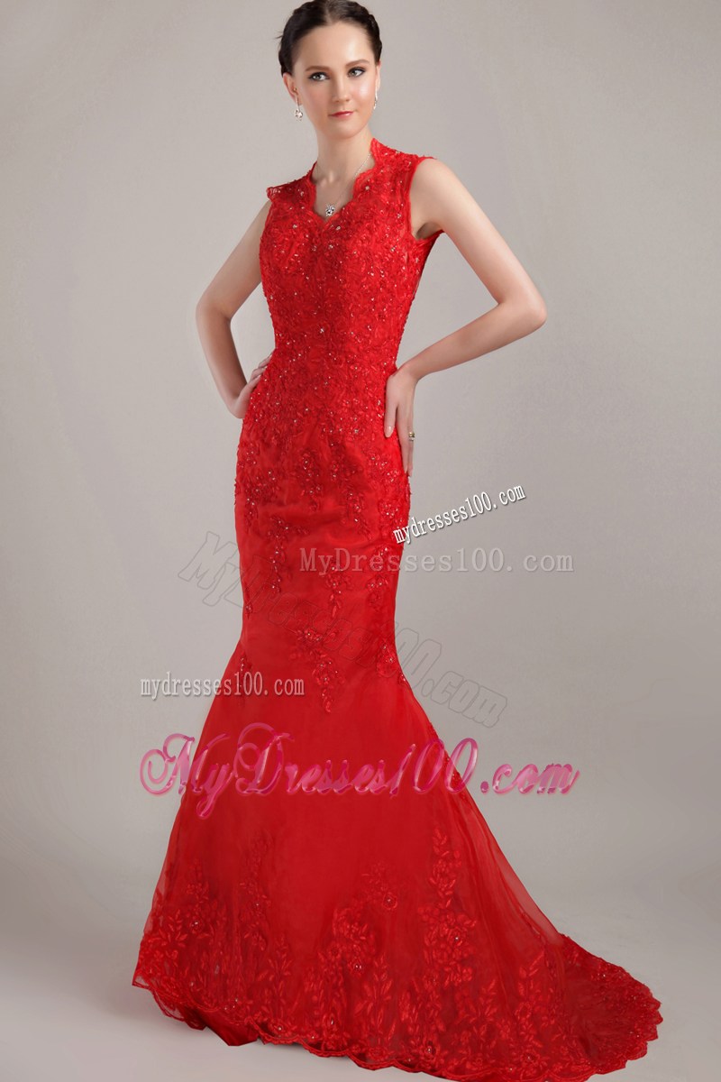 Wonderful Red Mermaid V-neck Brush Lace Prom Dress