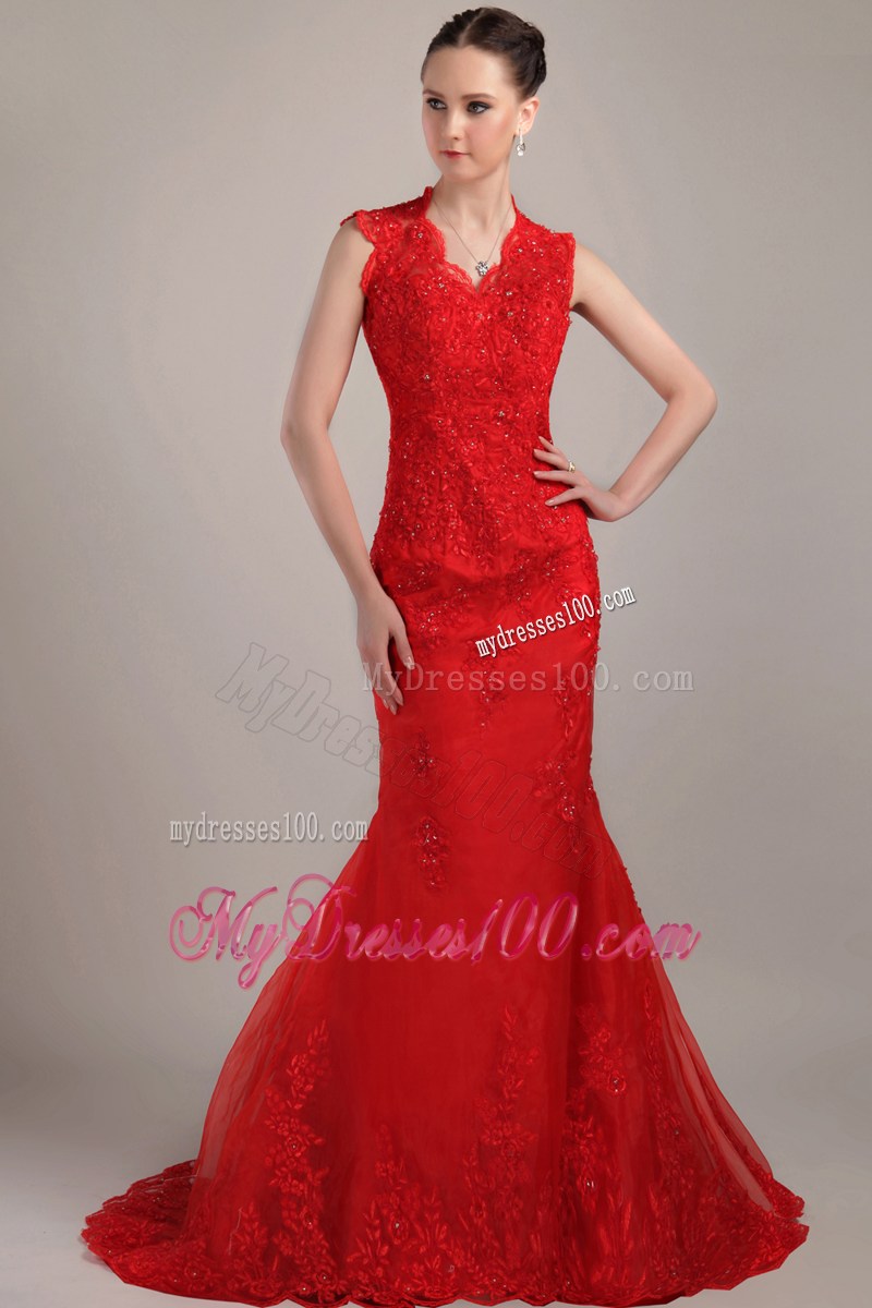 Wonderful Red Mermaid V-neck Brush Lace Prom Dress