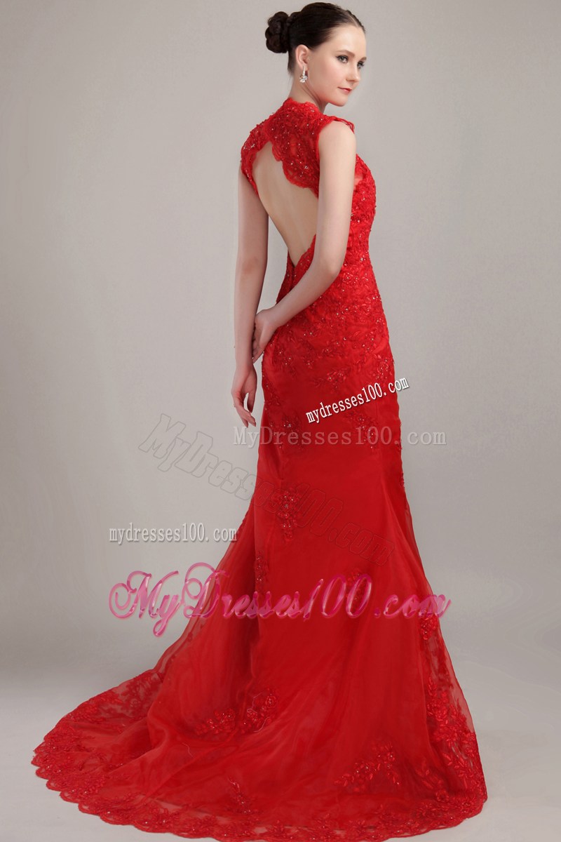 Wonderful Red Mermaid V-neck Brush Lace Prom Dress