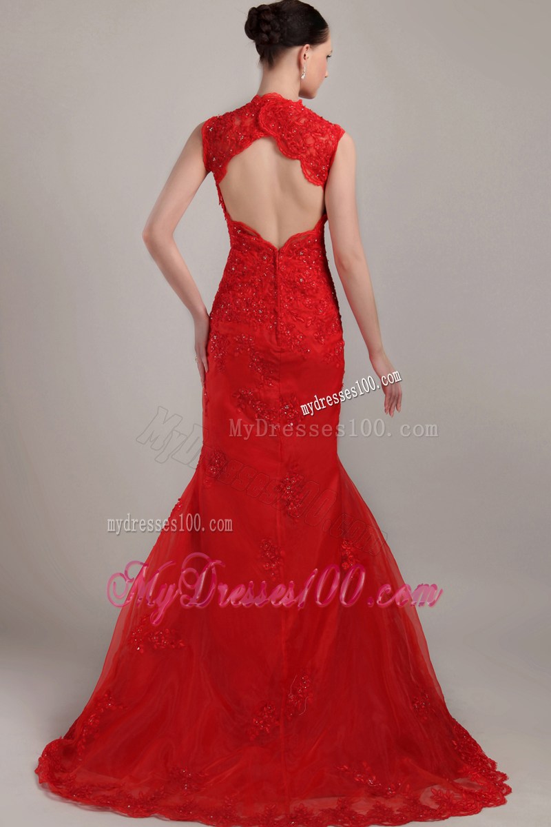 Wonderful Red Mermaid V-neck Brush Lace Prom Dress