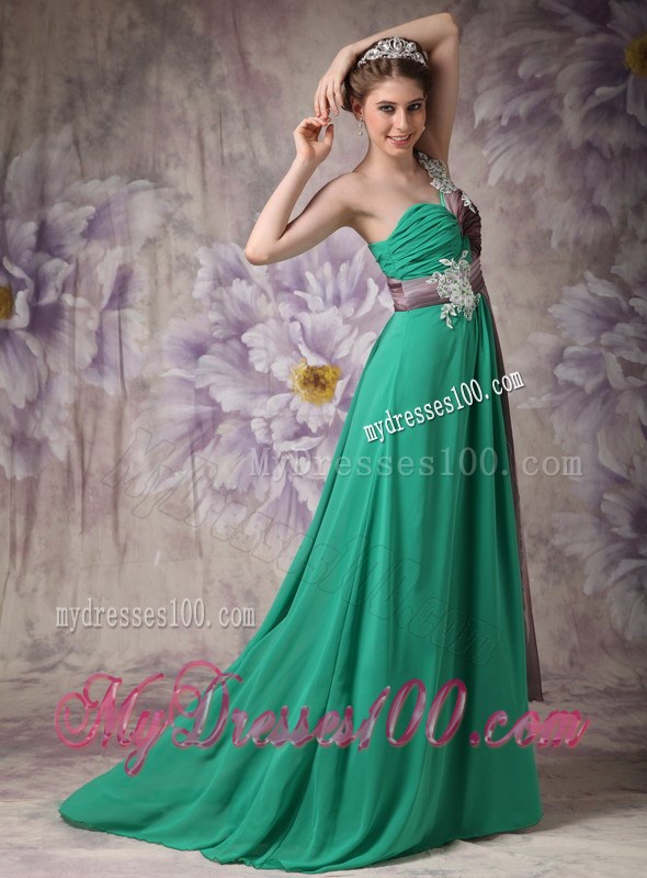 Cheap Green Empire One Shoulder Evening Dress with Appliques Brush Train