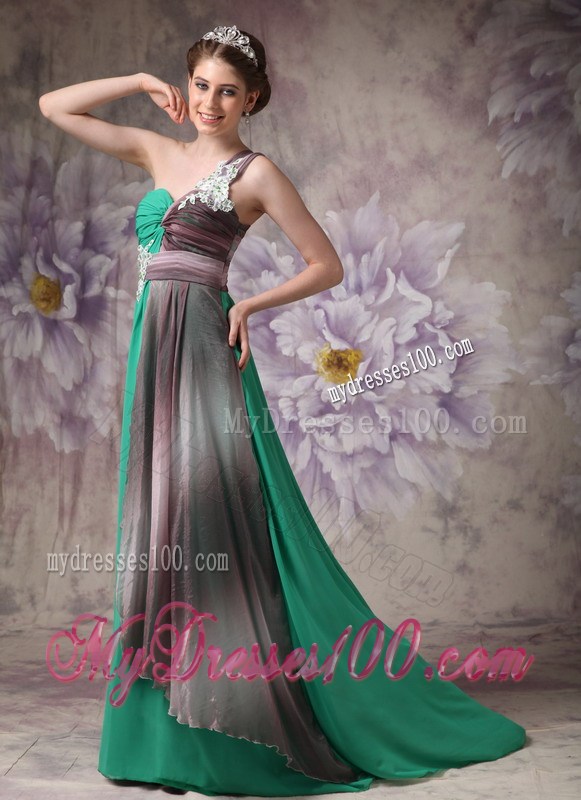 Cheap Green Empire One Shoulder Evening Dress with Appliques Brush Train