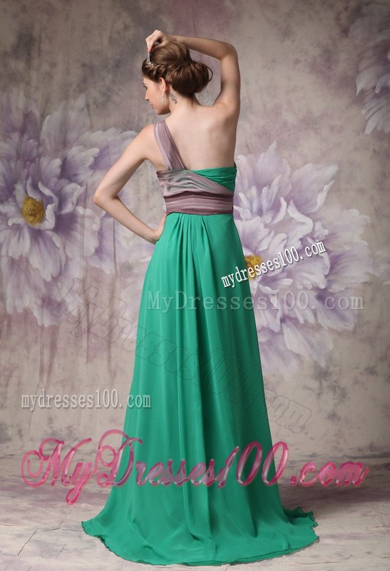 Cheap Green Empire One Shoulder Evening Dress with Appliques Brush Train