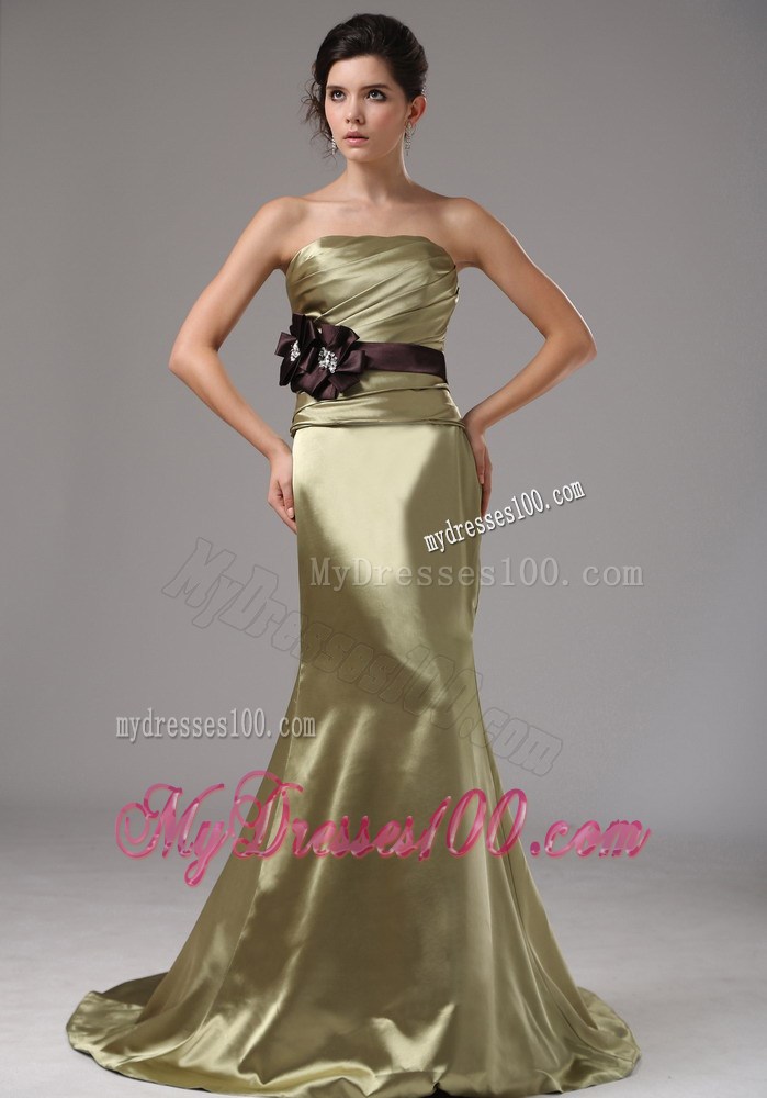 Strapless Mermaid Elastic Woven Satin Olive Green Prom Dress With Black Sash