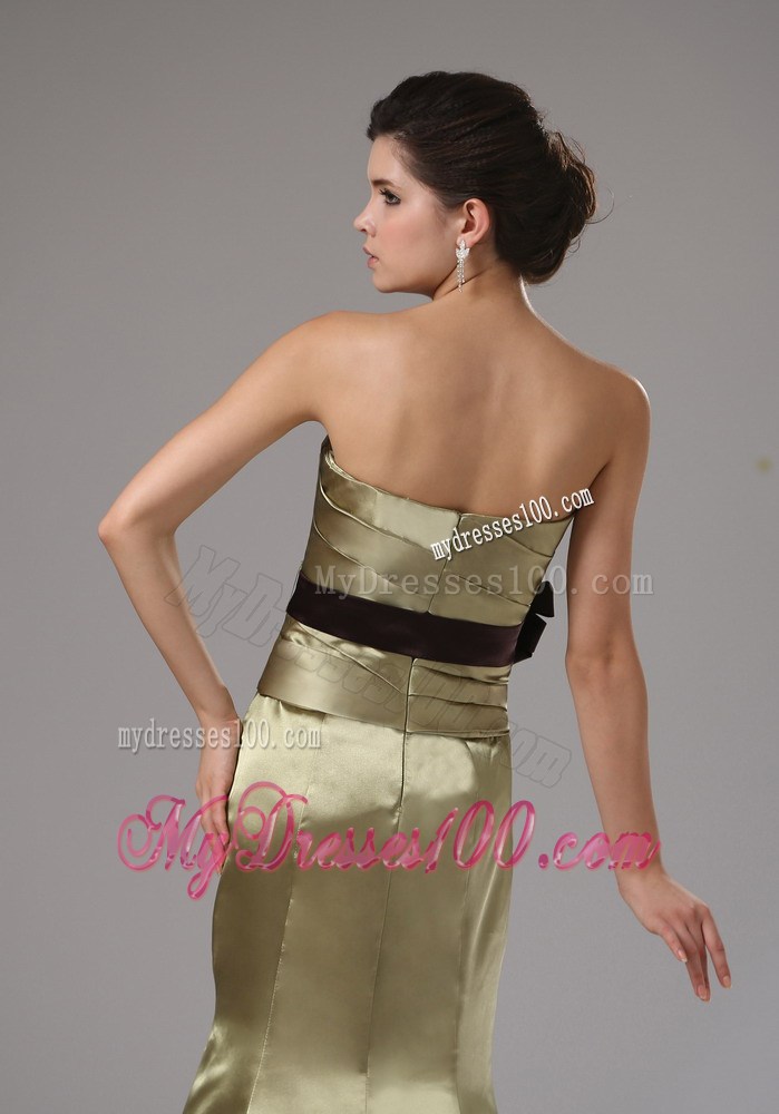 Strapless Mermaid Elastic Woven Satin Olive Green Prom Dress With Black Sash