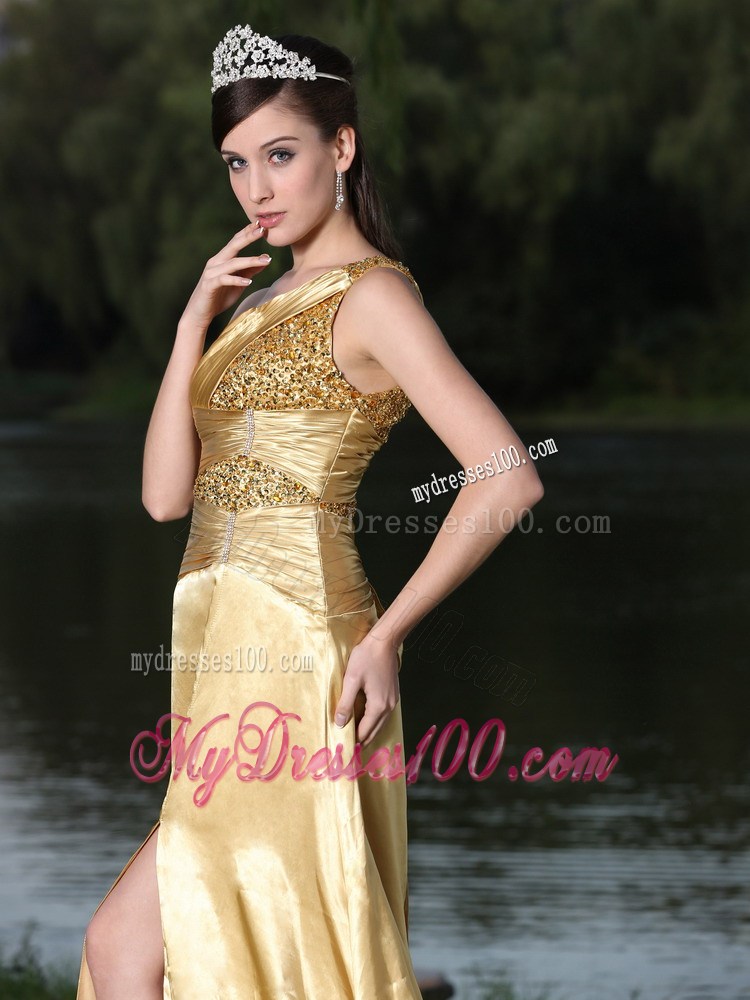 High Slit Gold Plus Size Prom Dress In Formal Party With One Shoulder Beaded Decorate