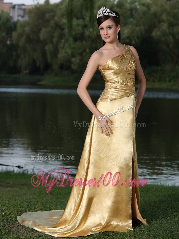 High Slit Gold Plus Size Prom Dress In Formal Party With One Shoulder Beaded Decorate