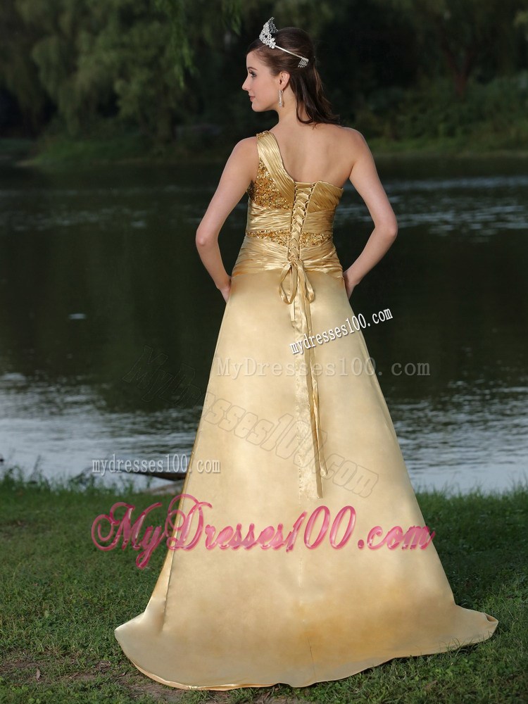 High Slit Gold Plus Size Prom Dress In Formal Party With One Shoulder Beaded Decorate