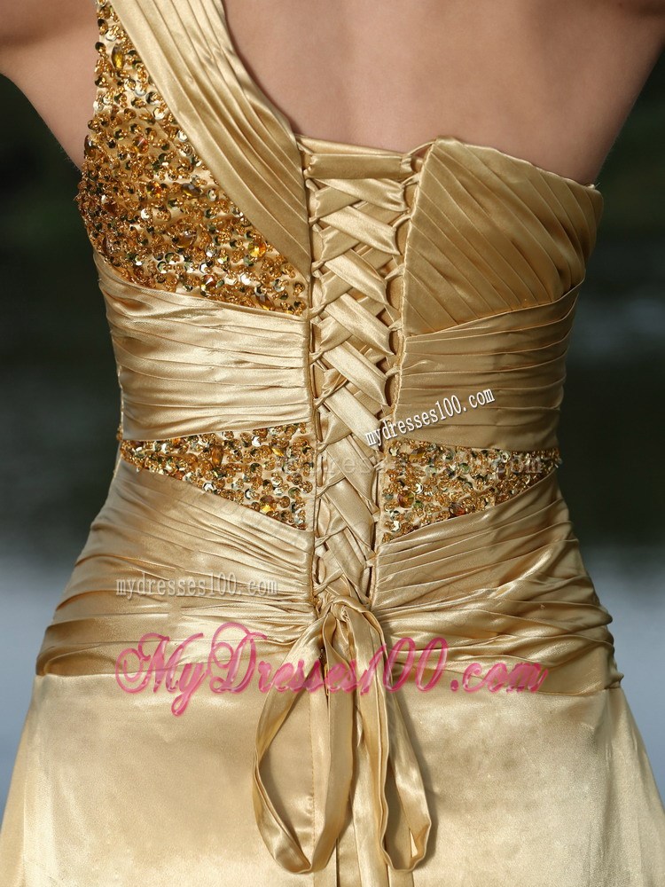 High Slit Gold Plus Size Prom Dress In Formal Party With One Shoulder Beaded Decorate