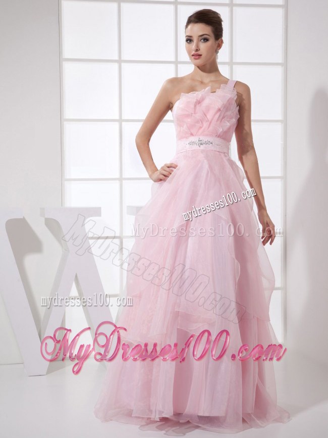 One Shoulder Beading Custom Made Floor-length Pink Organza 2013 Prom Dress