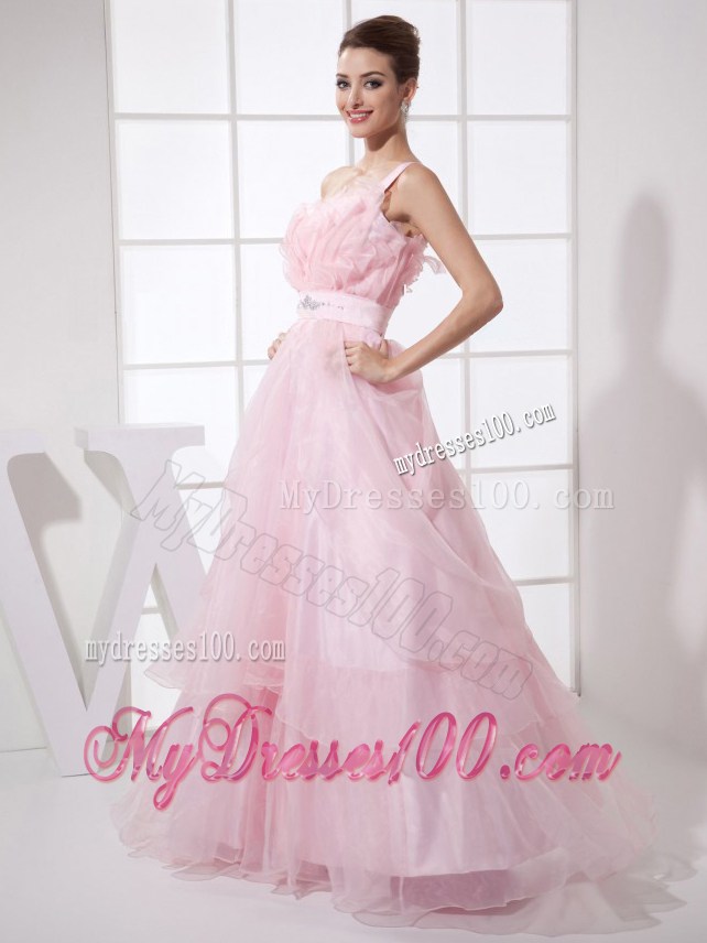 One Shoulder Beading Custom Made Floor-length Pink Organza 2013 Prom Dress