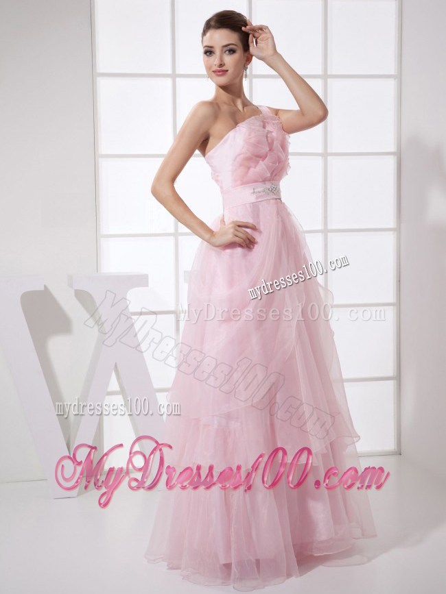 One Shoulder Beading Custom Made Floor-length Pink Organza 2013 Prom Dress