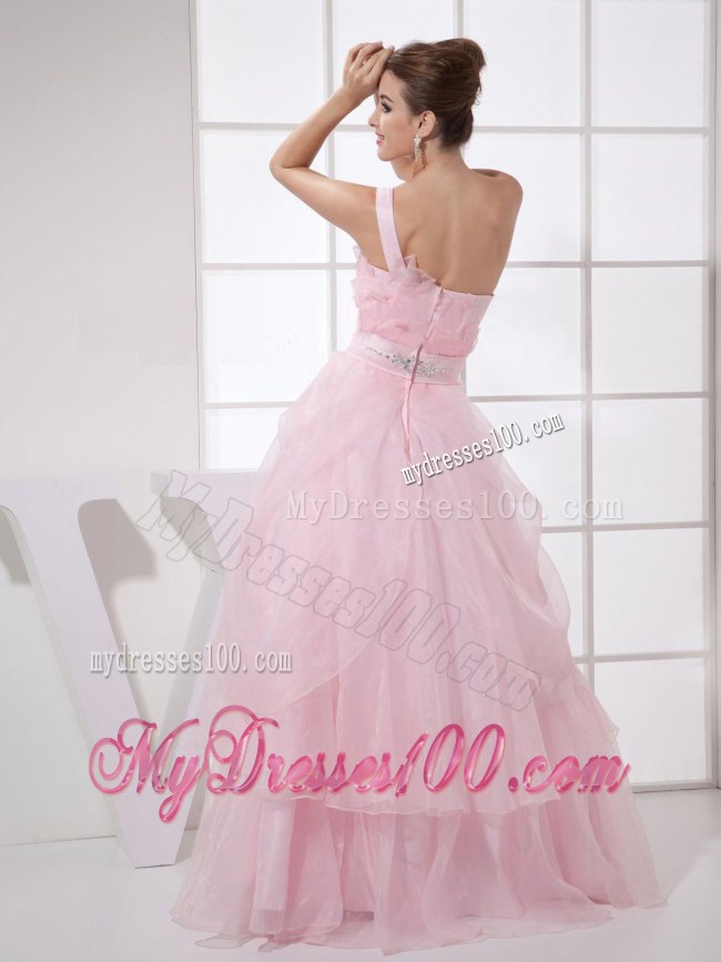 One Shoulder Beading Custom Made Floor-length Pink Organza 2013 Prom Dress