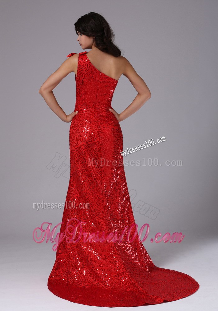 Red One Shoulder and Paillette Over Skirt For Evening Dress Brush Train