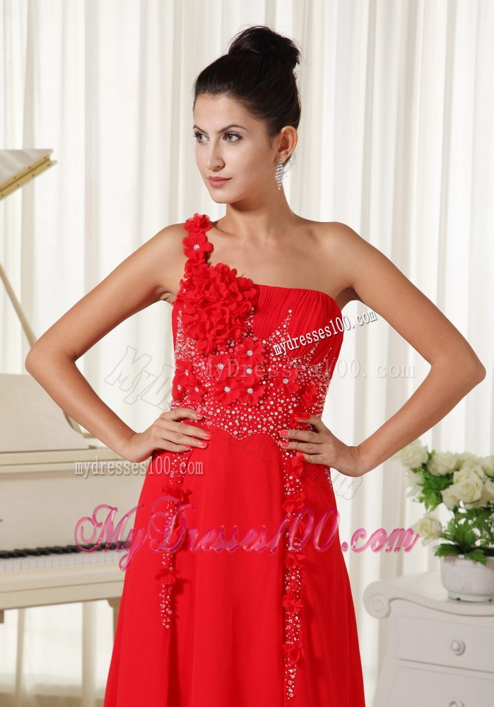 Red Evening Dress One Shoulder With Hand Made Flowers Beaded and Ruched Bodice