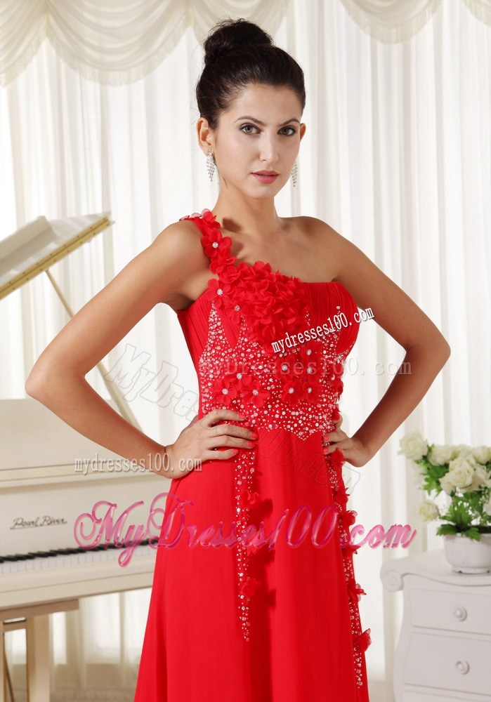 Red Evening Dress One Shoulder With Hand Made Flowers Beaded and Ruched Bodice