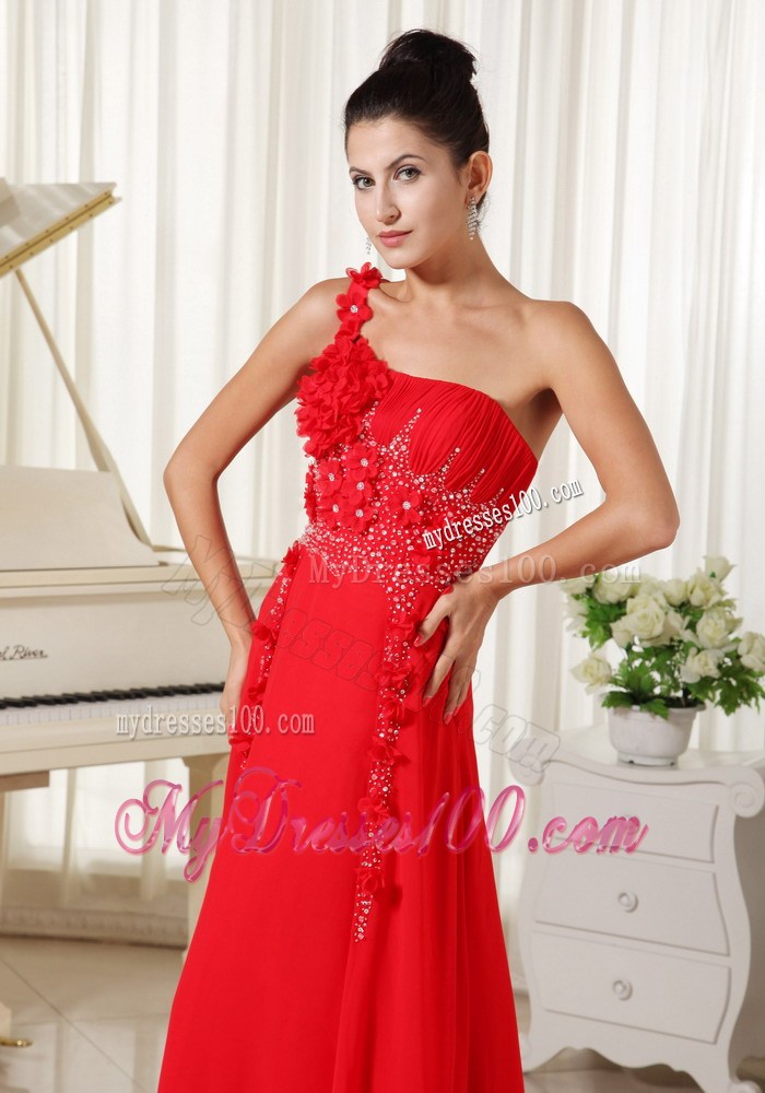 Red Evening Dress One Shoulder With Hand Made Flowers Beaded and Ruched Bodice