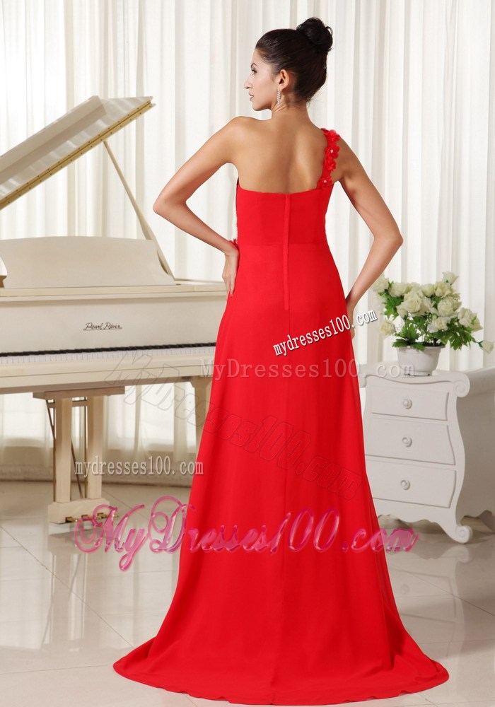 Red Evening Dress One Shoulder With Hand Made Flowers Beaded and Ruched Bodice