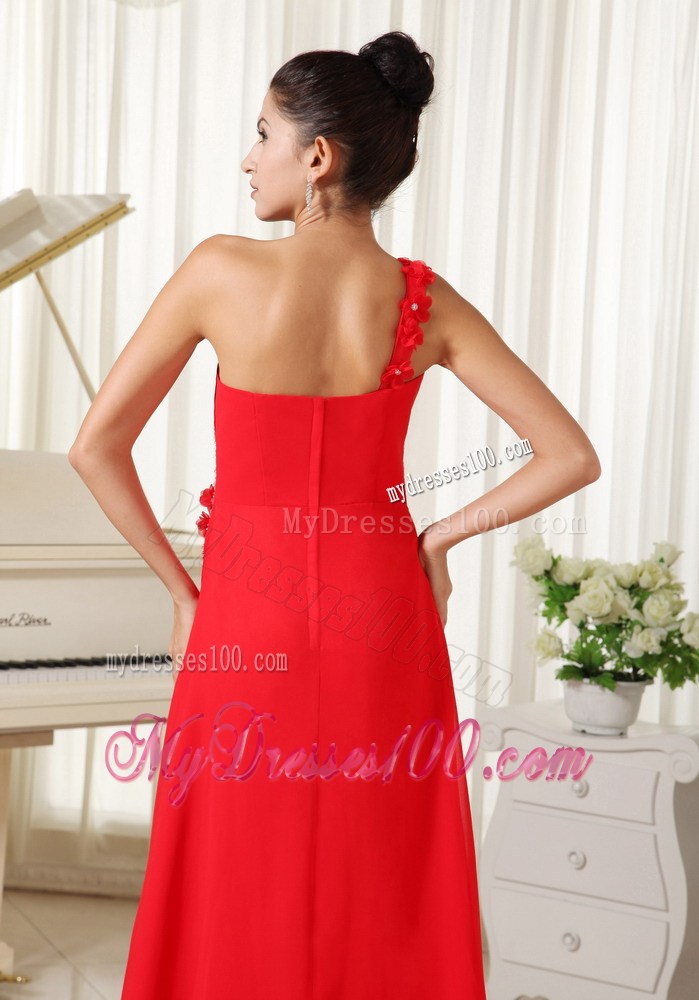 Red Evening Dress One Shoulder With Hand Made Flowers Beaded and Ruched Bodice
