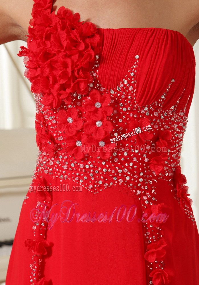 Red Evening Dress One Shoulder With Hand Made Flowers Beaded and Ruched Bodice