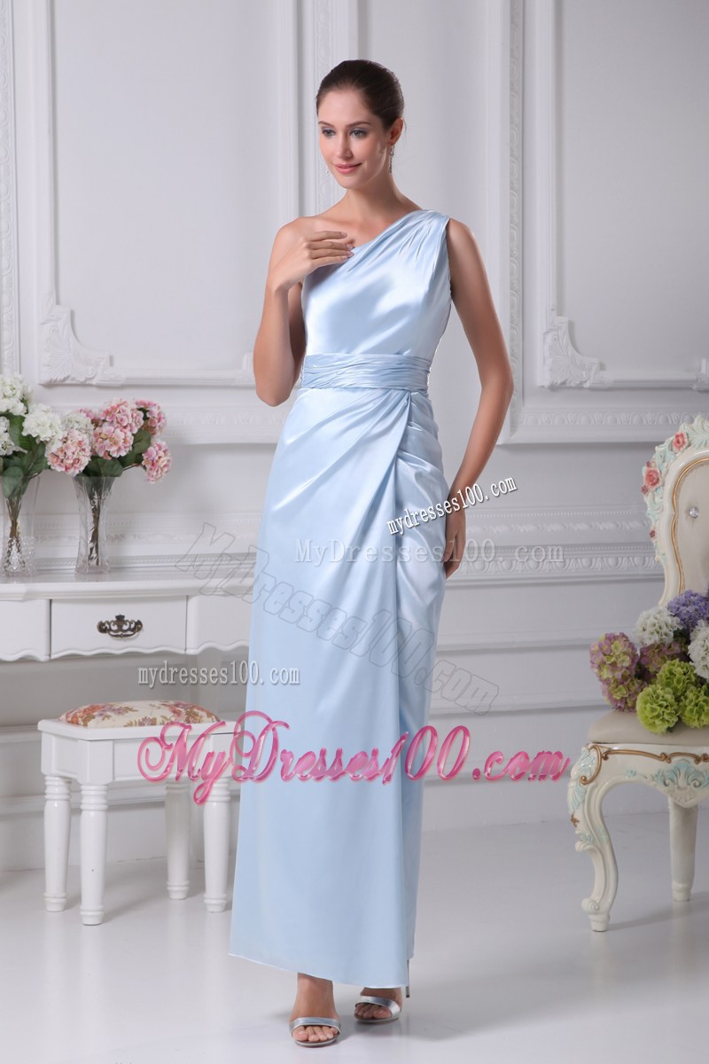 One Shoulder Light Blue Ruching Ankle-length Prom Dress