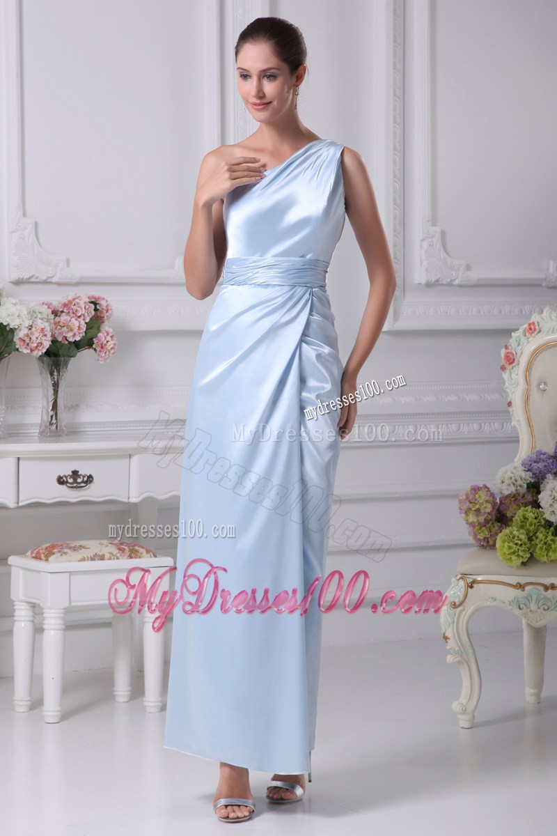 One Shoulder Light Blue Ruching Ankle-length Prom Dress