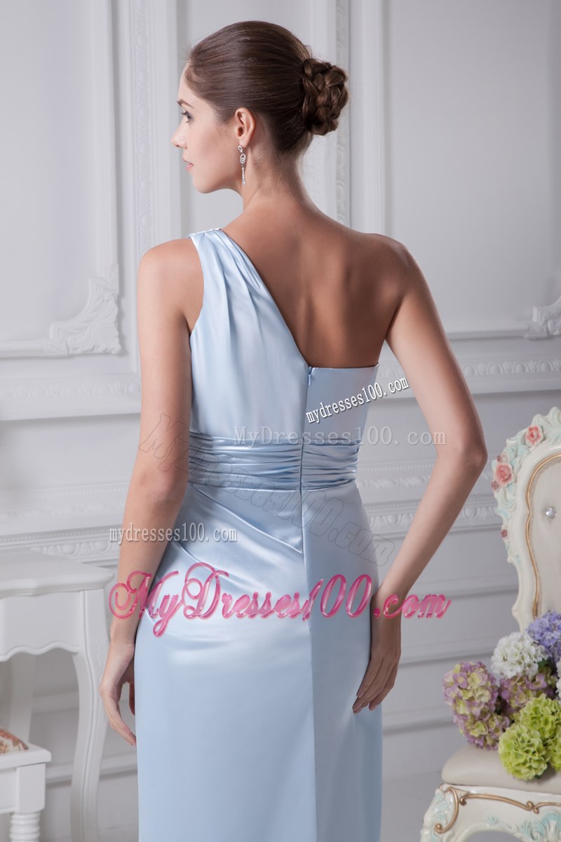 One Shoulder Light Blue Ruching Ankle-length Prom Dress