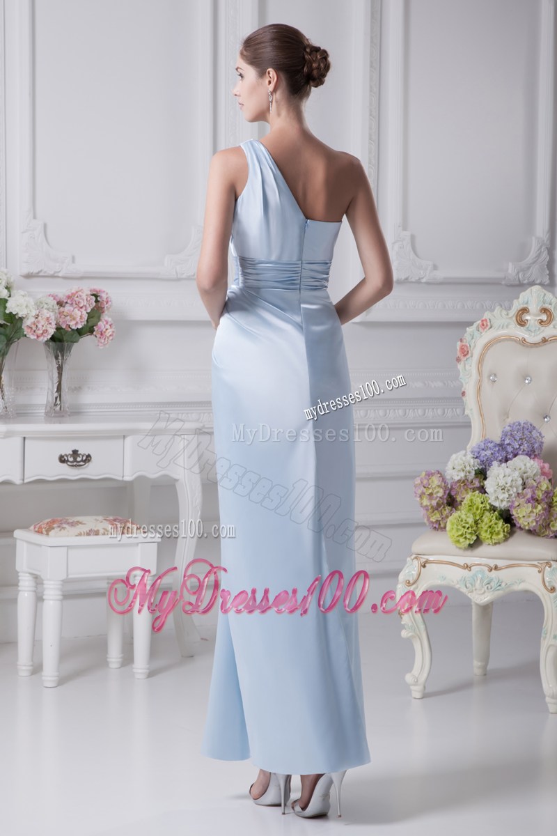 One Shoulder Light Blue Ruching Ankle-length Prom Dress