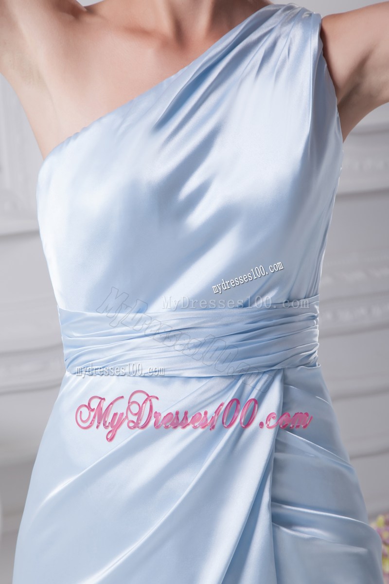 One Shoulder Light Blue Ruching Ankle-length Prom Dress