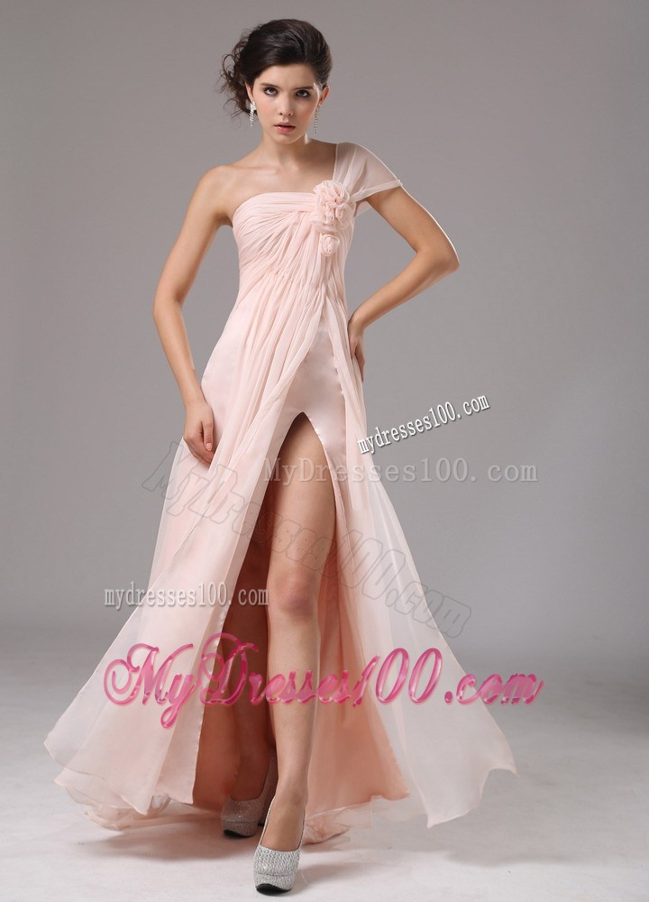 Light Pink One Shoulder and Hande Made Flowers For 2013 Evening Dress Custom Made
